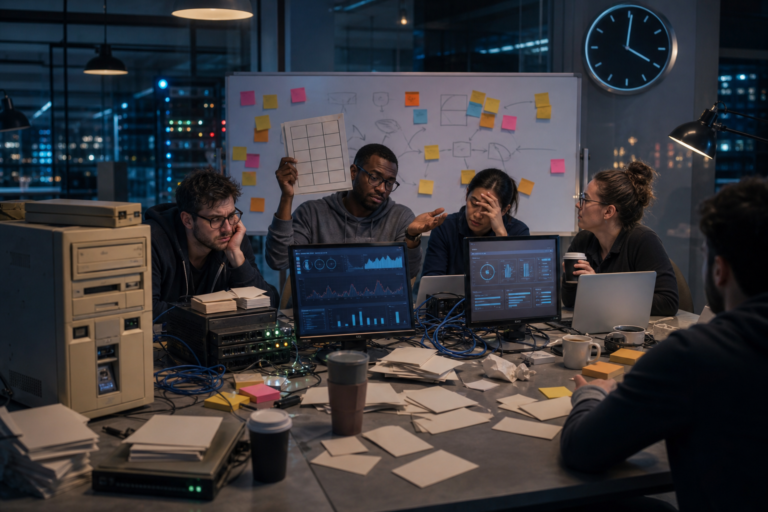 Capa do post: O bingo não oficial da firma tech: legado, war room, prioridade e retrabalho