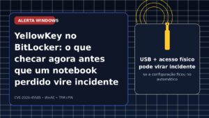 Capa editorial em português sobre o YellowKey no BitLocker, com alerta visual sobre acesso físico, USB e risco em notebooks corporativos.