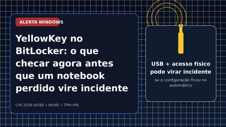 Capa editorial em português sobre o YellowKey no BitLocker, com alerta visual sobre acesso físico, USB e risco em notebooks corporativos.