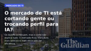 Capa editorial em português sobre layoffs no mercado de tecnologia e a troca de perfil profissional com a pressão por IA.