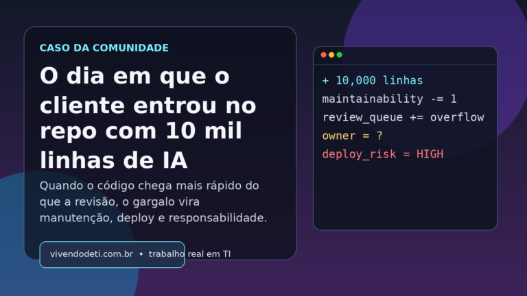 Capa editorial em português sobre um cliente que adiciona 10 mil linhas de código geradas com IA a um projeto em andamento.