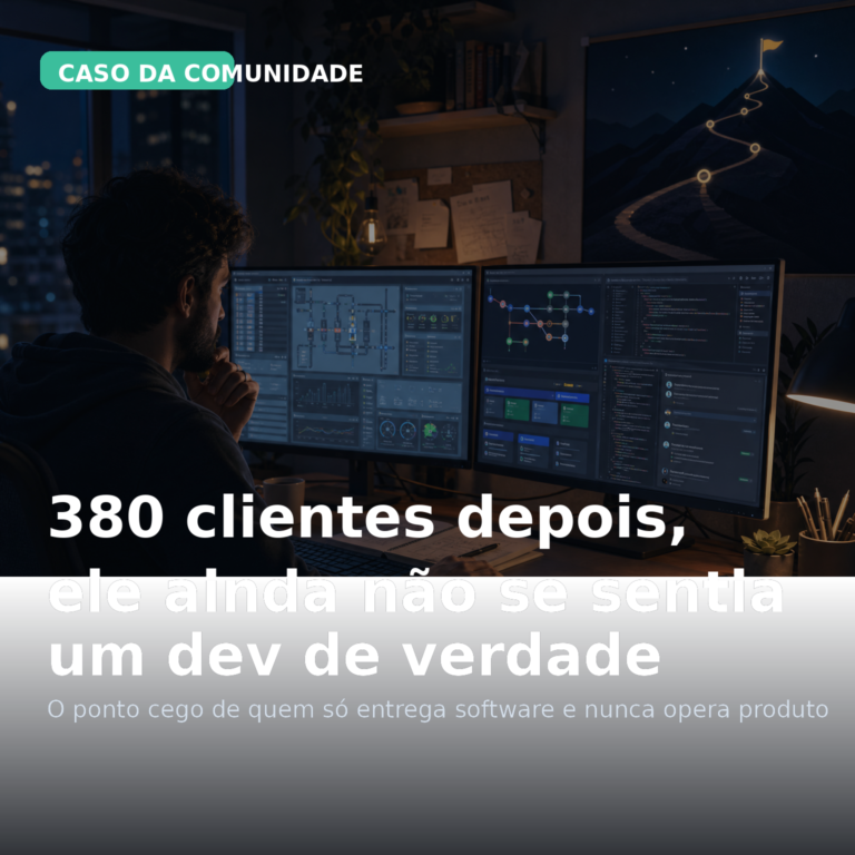 Capa editorial em português sobre um desenvolvedor que atendeu muitos clientes, mas ainda não se sentia um dev de verdade por falta de vivência com produto e manutenção.