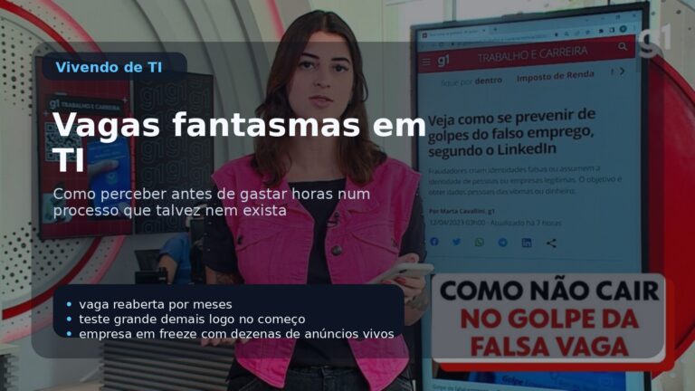 Capa editorial sobre vagas fantasmas em TI, com foco em anúncios reabertos, testes sem retorno e desperdício de tempo na busca por emprego.