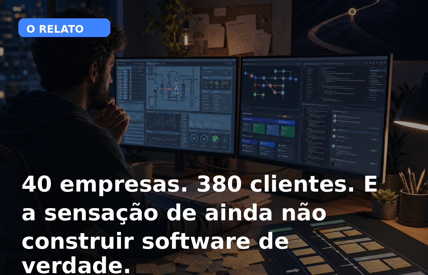 Ilustração editorial mostrando a transição entre entregas sob demanda e construção de produto em software.