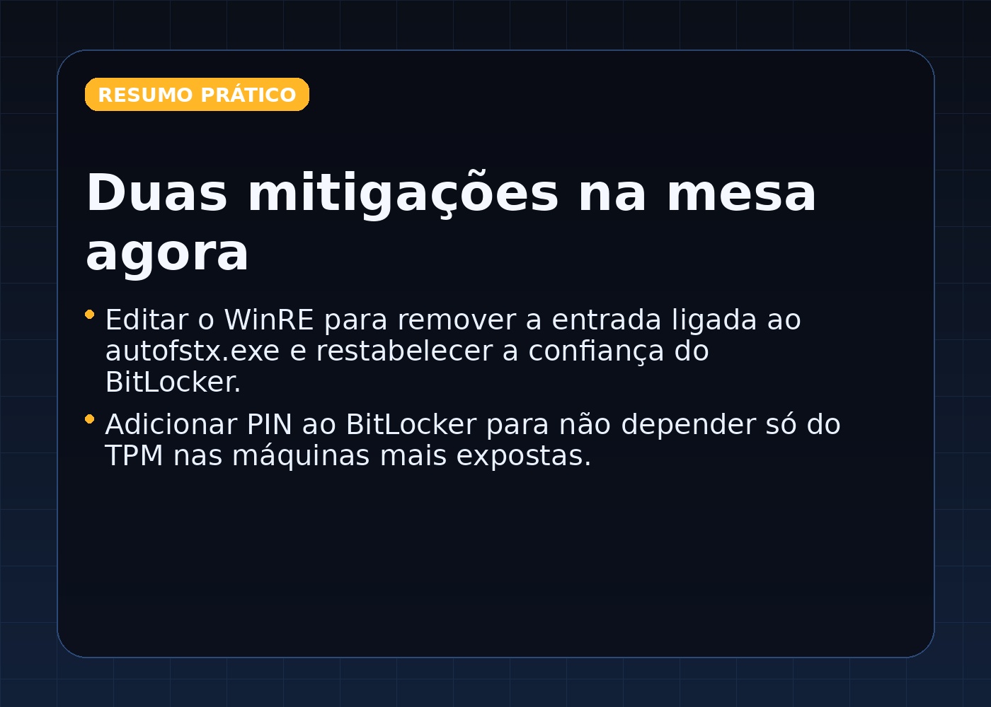 Card editorial em português resumindo as duas mitigações divulgadas para o YellowKey no BitLocker.