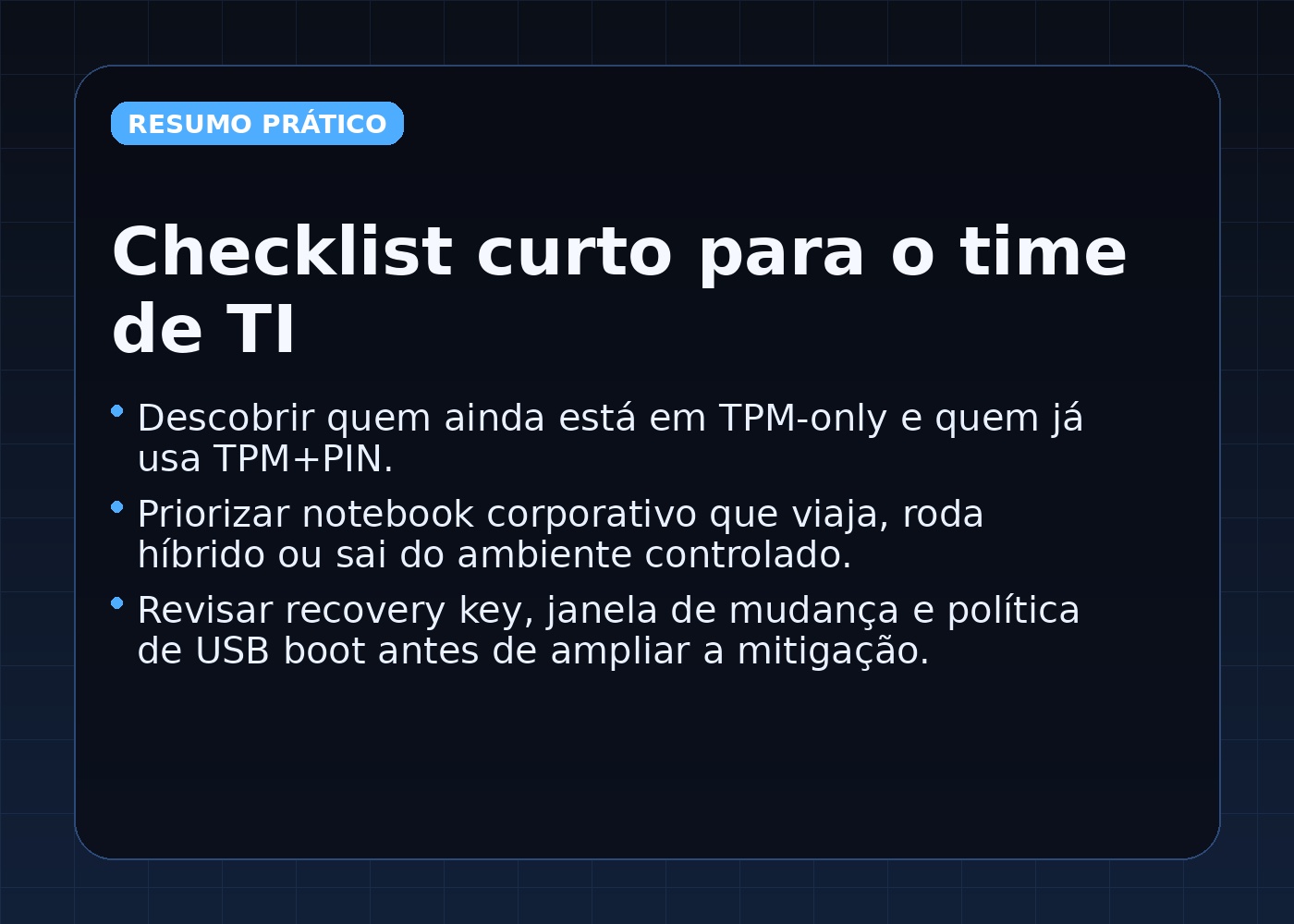 Checklist visual em português com cinco verificações práticas após o alerta do YellowKey.