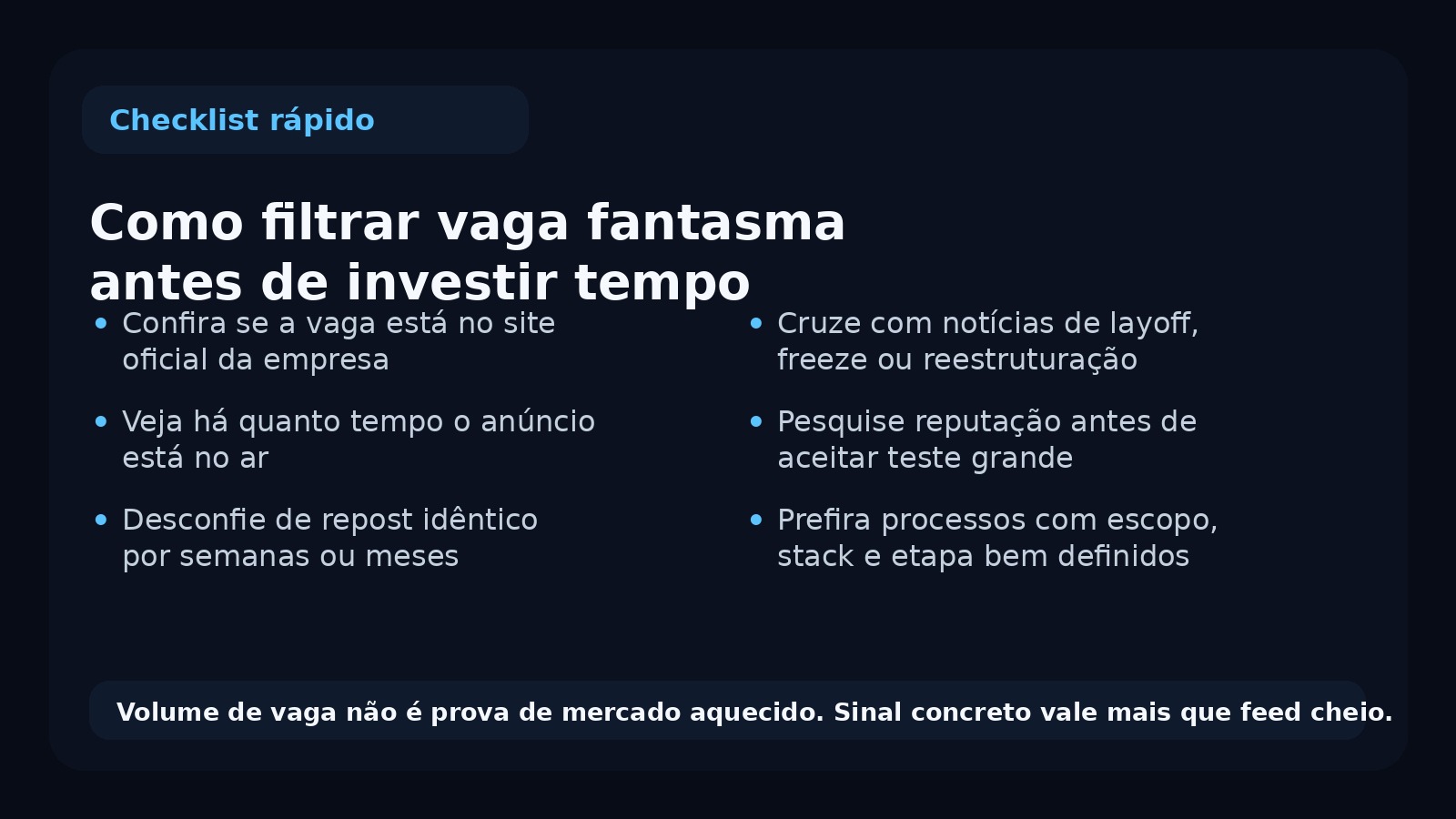 Checklist visual com sinais de vaga fantasma e os filtros mais úteis para quem está buscando emprego em TI