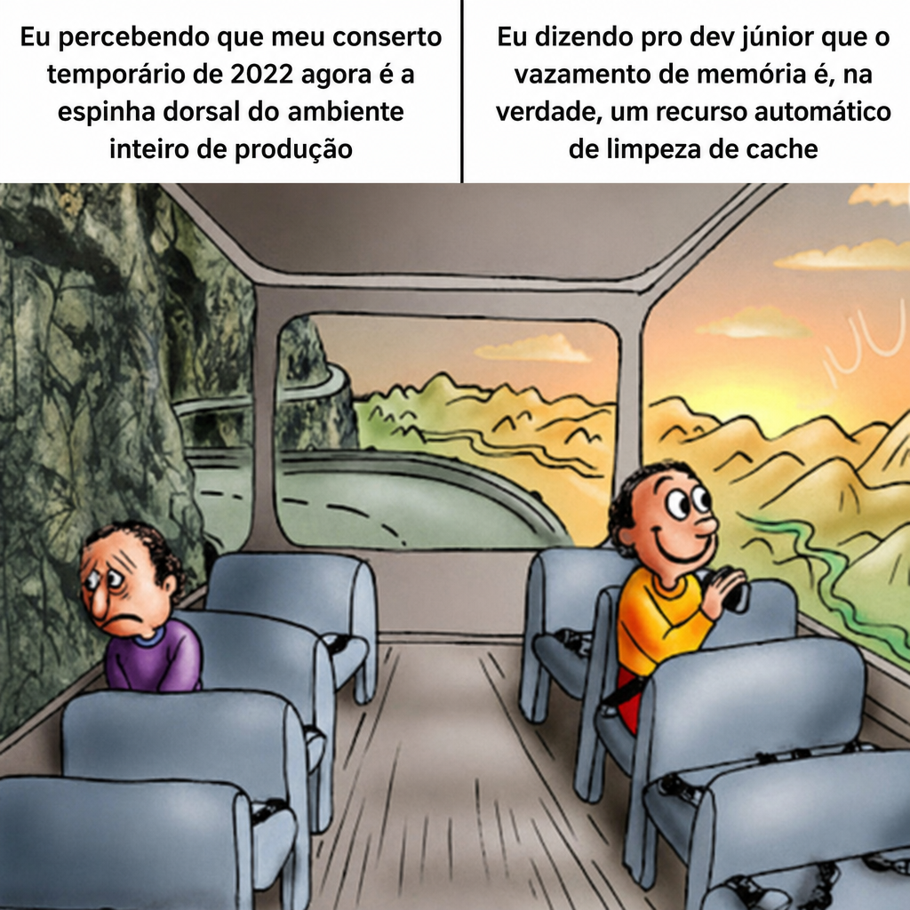 Meme em português sobre gambiarra temporária virando base de produção.