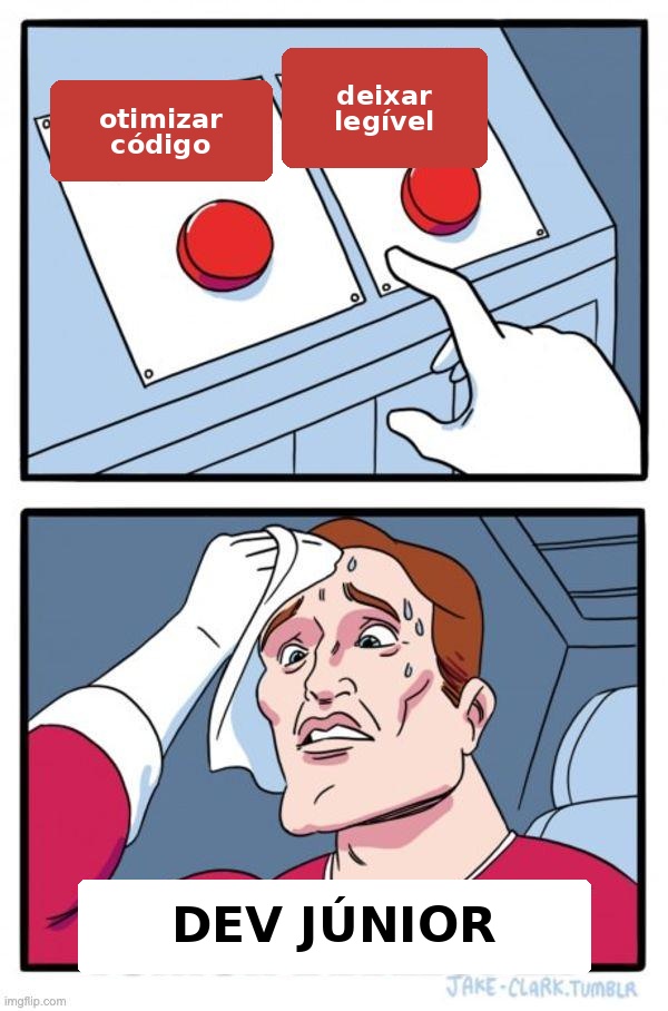 Meme em português com dois botões, otimizar código ou deixar legível, e um dev júnior suando para escolher com o prazo acabando amanhã.