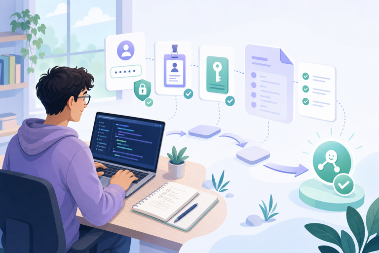 Ilustração editorial de onboarding técnico com novo desenvolvedor, acessos, documentação e caminho até o primeiro commit útil.
