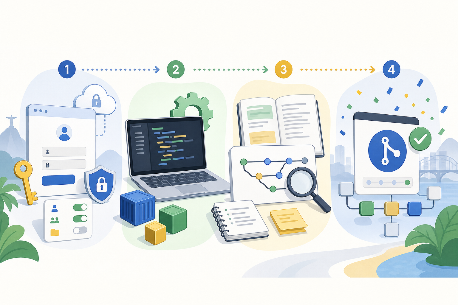 Fluxo visual do onboarding técnico até o primeiro pull request útil