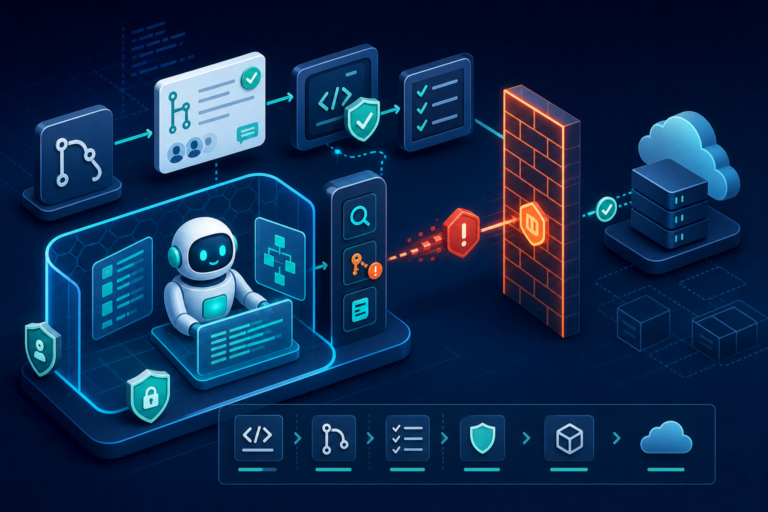Ilustração editorial de um pipeline de CI/CD com agente de IA, barreiras de segurança, secret scanning e revisão por pull request.