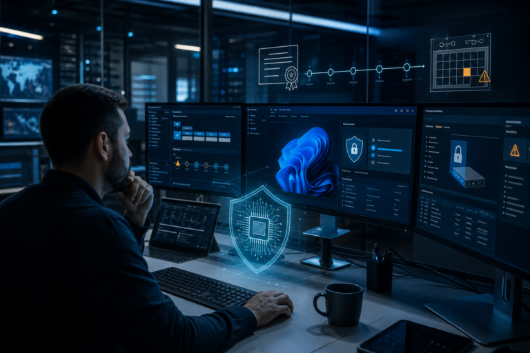 Imagem editorial sobre parque Windows com Secure Boot, firmware antigo, BitLocker e risco operacional antes do prazo de junho de 2026.