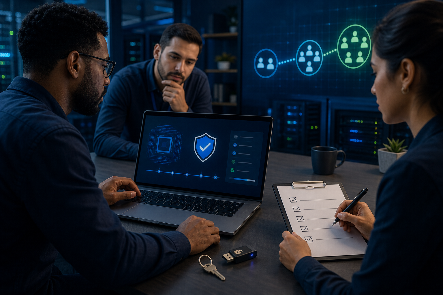 Equipe de TI avaliando rollout de Secure Boot com BitLocker e piloto antes do deploy em massa