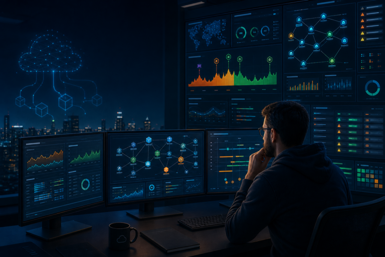Ilustração editorial de operações em nuvem e incident response sobre AWS DevOps Agent.