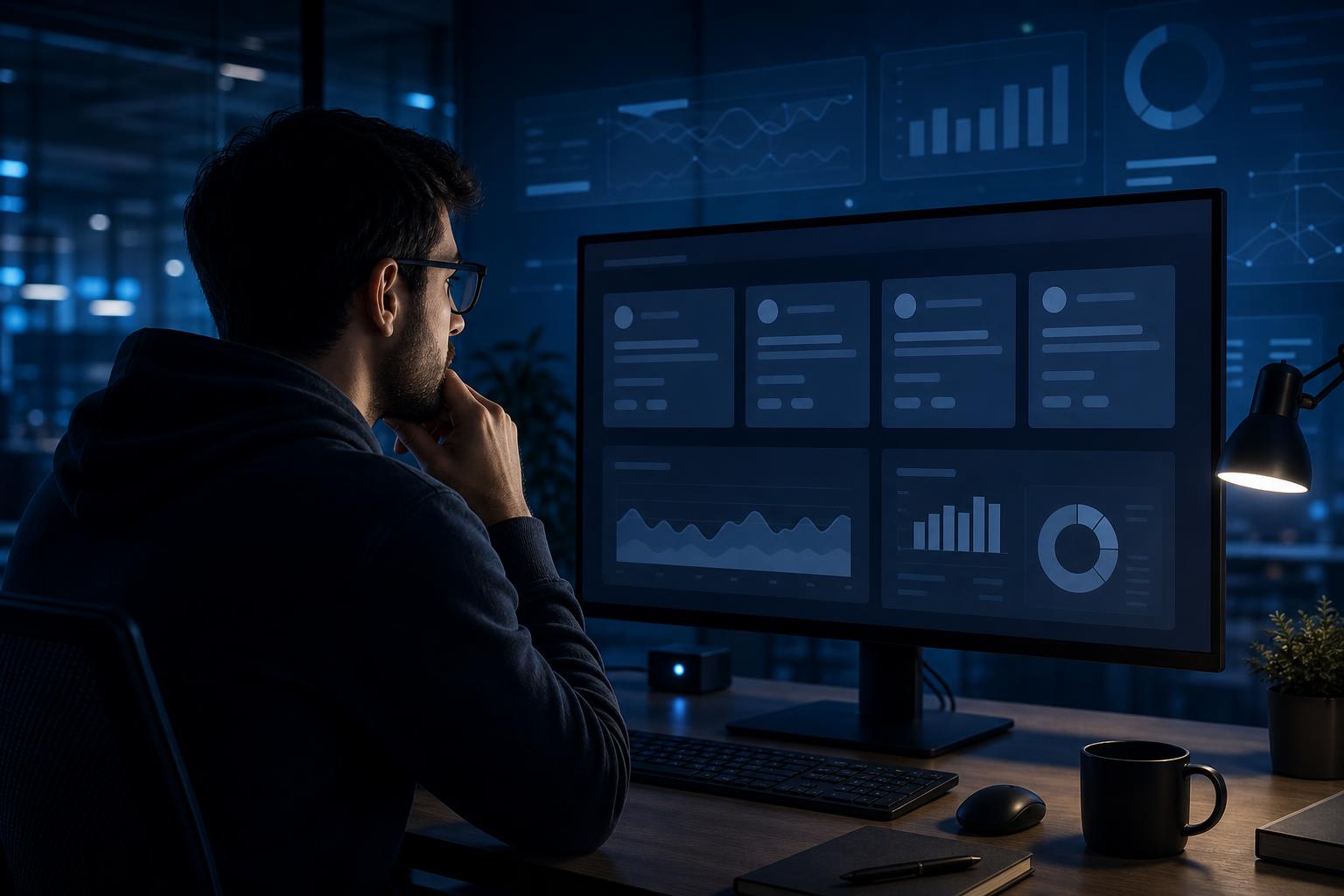 Ilustração editorial de desaceleração nas vagas de tecnologia em um dashboard de contratação