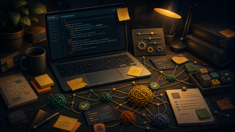 Ilustração editorial com pendências técnicas acumuladas em código, configs e TODOs.