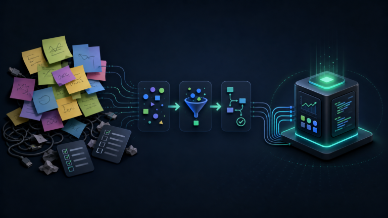 Ilustração editorial sobre automação simples substituindo fluxo manual bagunçado.