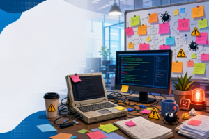 Notebook, post-its e ambiente de caos corporativo com humor de TI