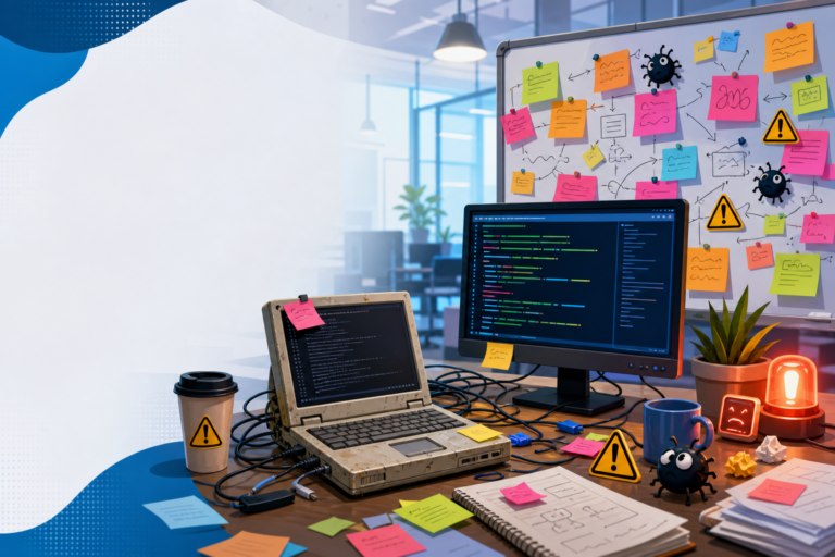 Notebook, post-its e ambiente de caos corporativo com humor de TI