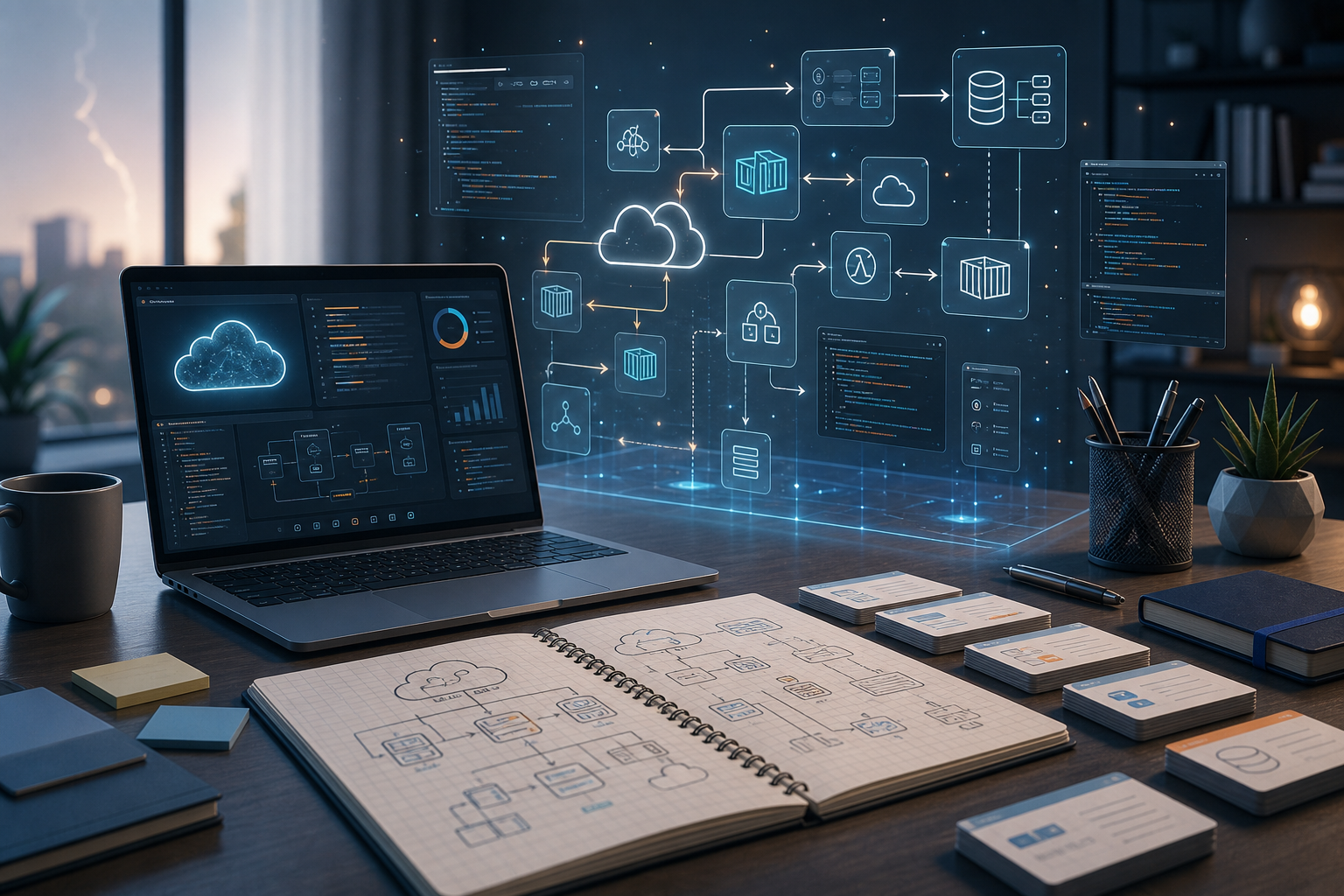 Mesa de estudo com notebook, diagramas de cloud e preparação prática para certificação