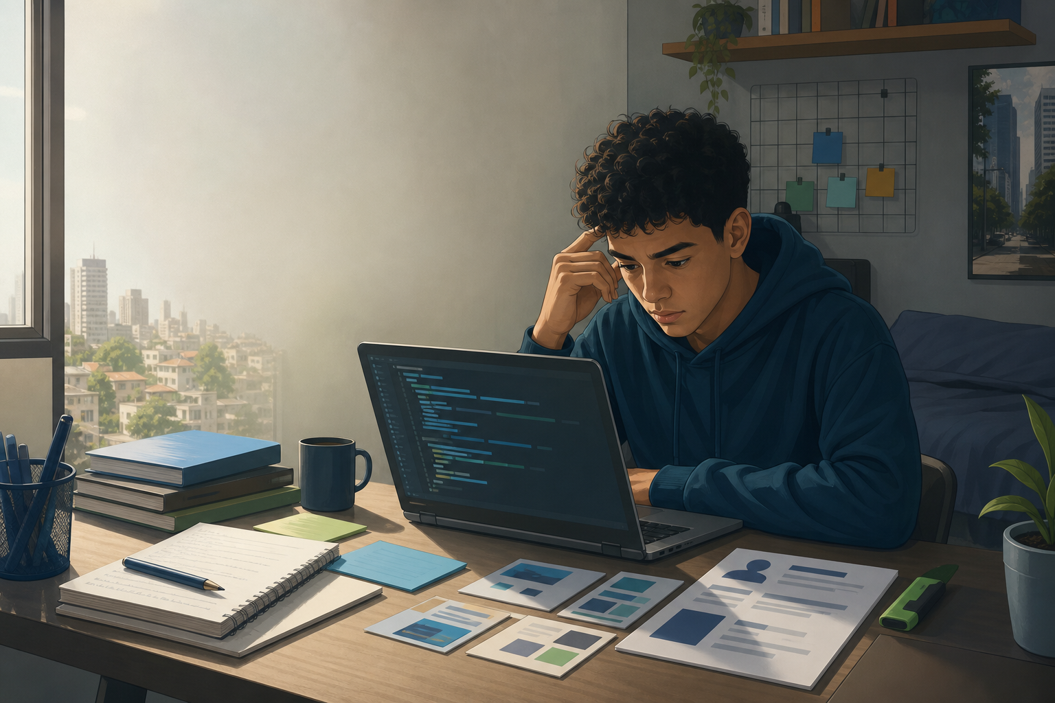 Pessoa em início de carreira em tecnologia organizando portfólio, currículo e estudos no notebook