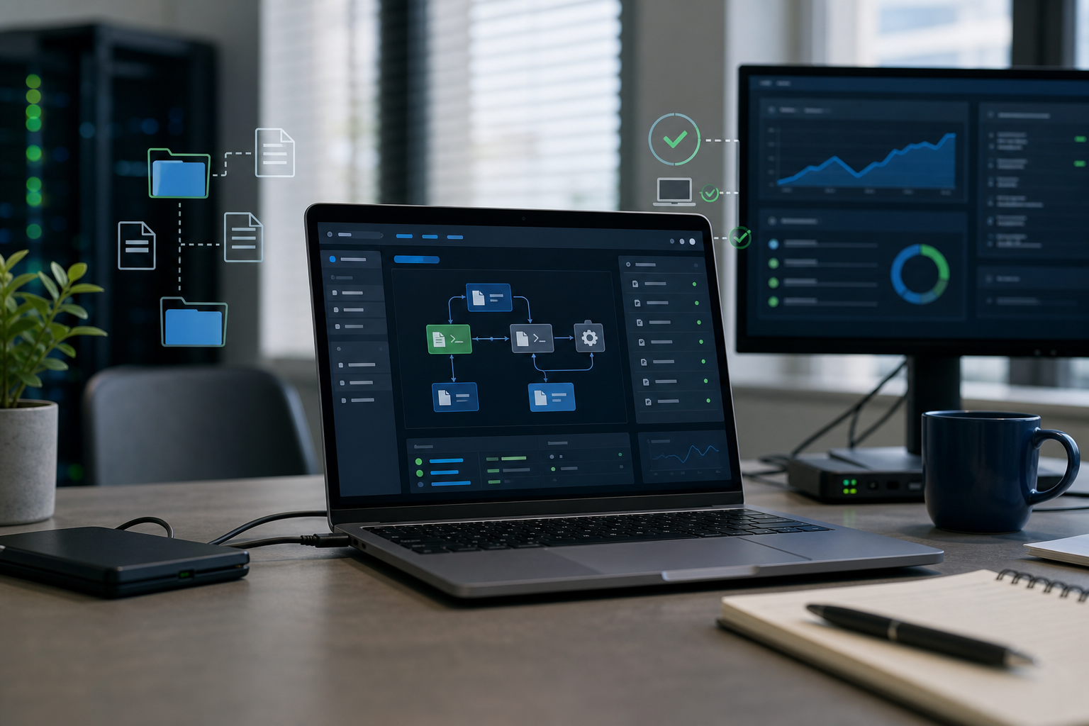 Painel técnico com script Python monitorando endpoints, arquivos e logs