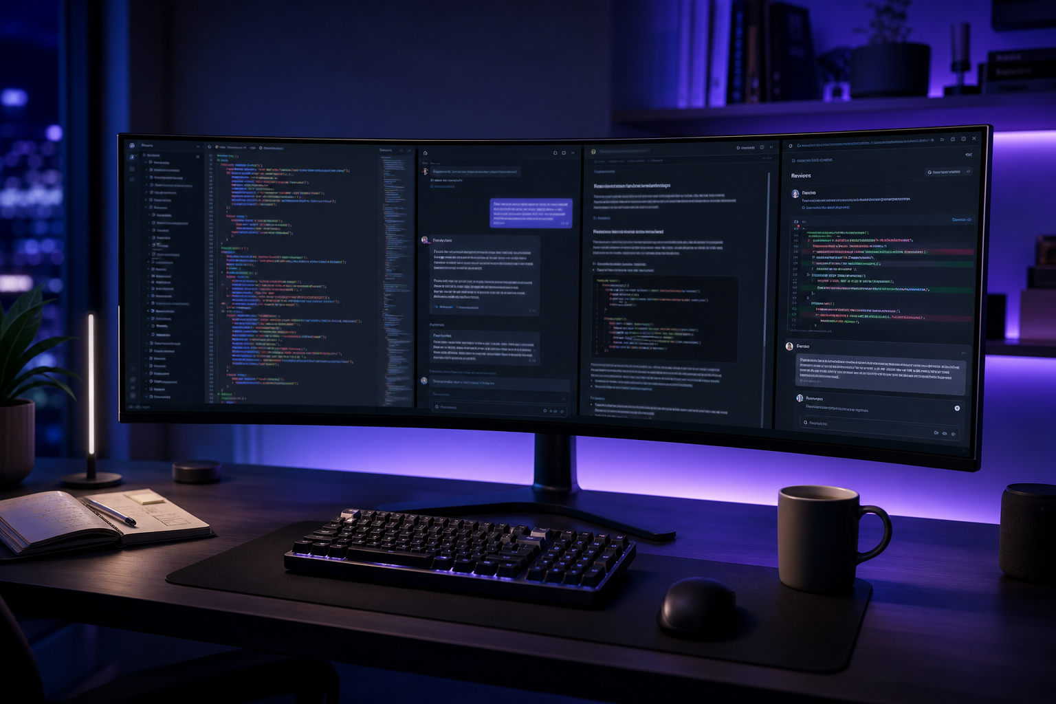 Ambiente de desenvolvimento com editor de código, chat de IA e documentação técnica