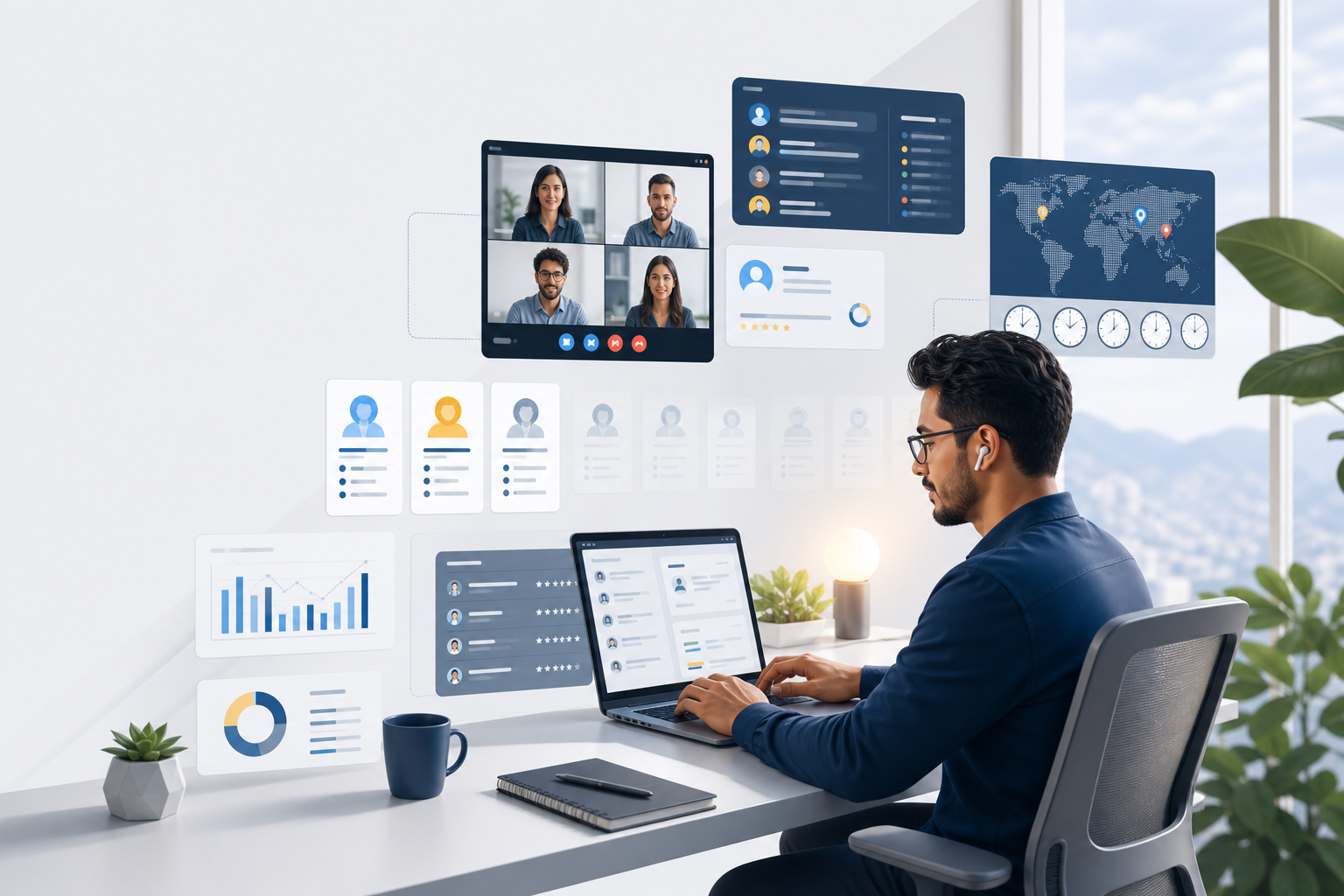 Profissional de tecnologia em home office lidando com entrevistas, fusos e rotina de trabalho remoto internacional