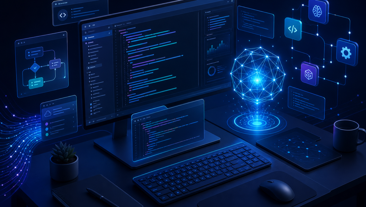 Ilustração de capa sobre stack de IA para programadores em 2026