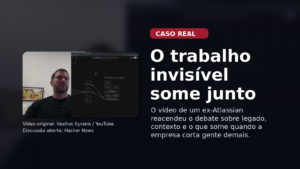 Capa editorial em português sobre o caso do ex-engenheiro da Atlassian e o debate sobre legado técnico e trabalho invisível.