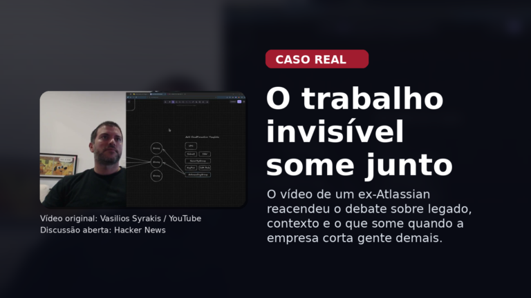 Capa editorial em português sobre o caso do ex-engenheiro da Atlassian e o debate sobre legado técnico e trabalho invisível.