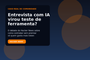 Capa editorial sobre entrevista técnica com IA e o debate do Hacker News sobre sinais de contratação.