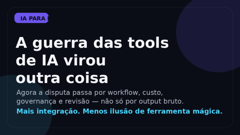 Capa editorial em roxo e azul sobre ferramentas de IA para desenvolvimento, destacando workflow, custo e governança.