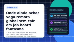 Capa editorial em português sobre como encontrar vaga remota global filtrando melhor job boards, restrições geográficas e posicionamento LATAM.