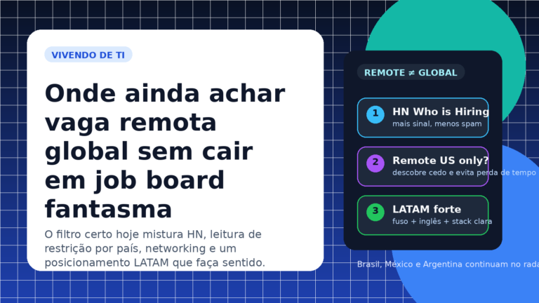 Capa editorial em português sobre como encontrar vaga remota global filtrando melhor job boards, restrições geográficas e posicionamento LATAM.