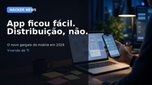 Capa editorial sobre o debate no Hacker News a respeito de apps mais fáceis de criar e mais difíceis de distribuir em 2026