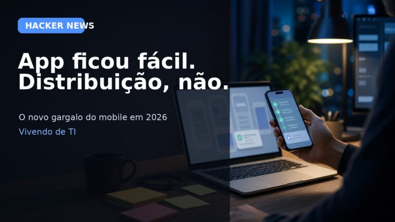 Capa editorial sobre o debate no Hacker News a respeito de apps mais fáceis de criar e mais difíceis de distribuir em 2026
