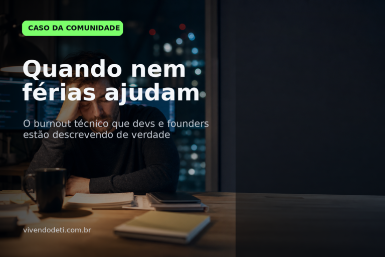 Burnout técnico em TI: dev exausto trabalhando à noite