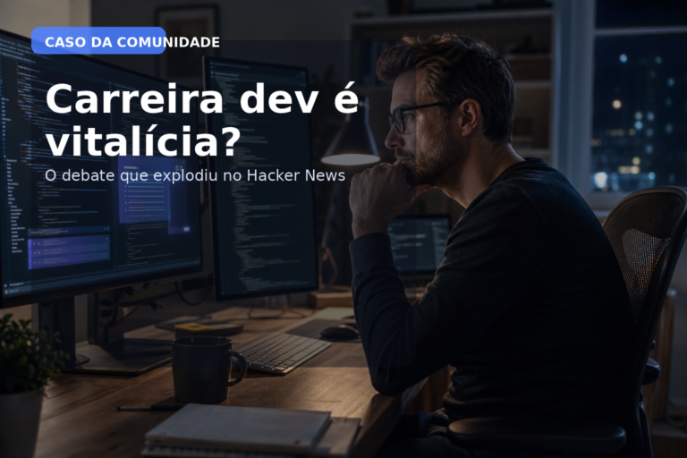 Developer experiente trabalhando à noite com telas de código e destaque para o debate sobre carreira dev na era da IA