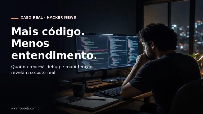 Capa editorial sobre o debate do Hacker News a respeito de juniors usando IA sem contexto suficiente, com foco em review, debug e manutenção