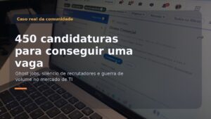 Capa editorial sobre caso real de 450 candidaturas para conseguir uma vaga em TI