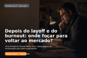 Capa editorial sobre layoff, burnout e recolocação no mercado de TI a partir de um caso real do Hacker News