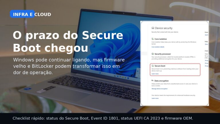 Capa editorial sobre Secure Boot no Windows, com foco em firmware antigo, prazo de certificados e risco operacional com BitLocker.