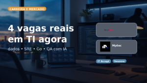 Capa editorial do Vivendo de TI sobre vagas reais em dados, SRE, Go e QA com IA