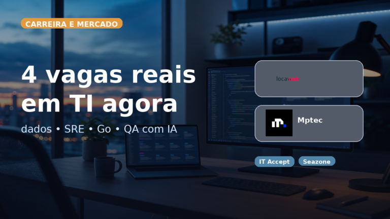 Capa editorial do Vivendo de TI sobre vagas reais em dados, SRE, Go e QA com IA