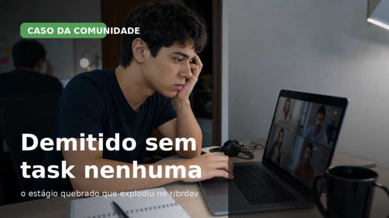 Capa editorial sobre estagiário de TI em chamada de vídeo, associada a relato de demissão sem tasks em consultoria.