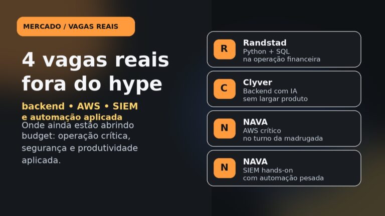 Capa editorial sobre vagas reais de TI fora do hype, com foco em backend, AWS, SIEM e automação aplicada.