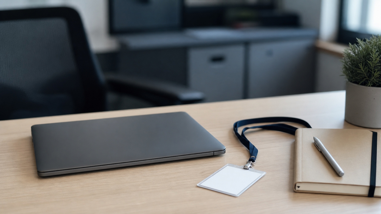 Laptop corporativo bloqueado sobre uma mesa com crachá e caderno, em uma cena que remete a offboarding confuso em consultoria