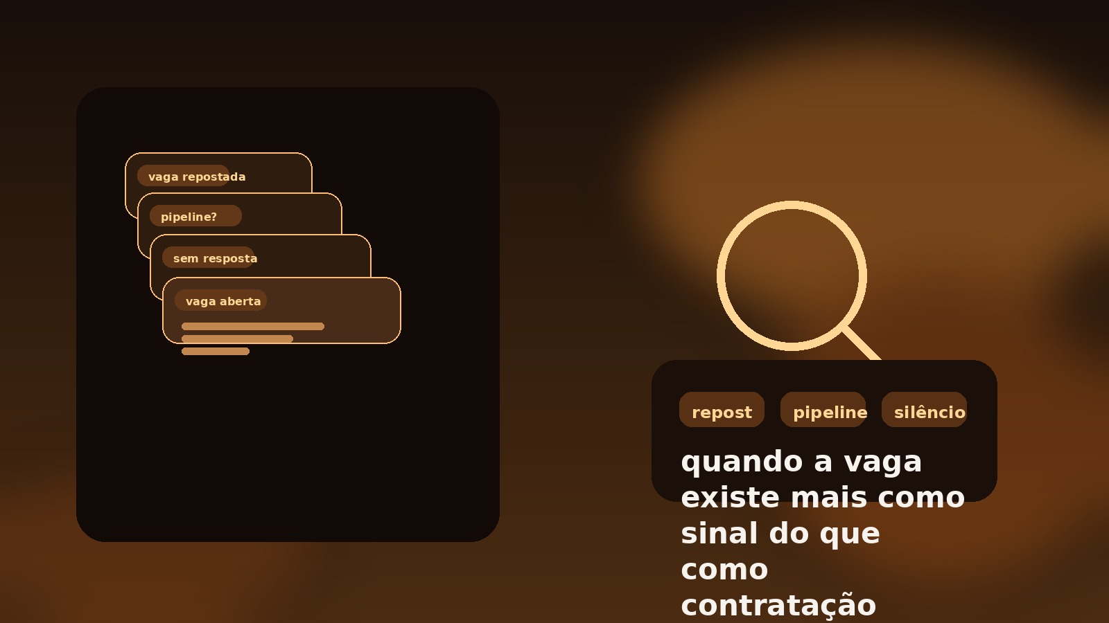 Imagem editorial sobre mercado opaco, repost infinito e silêncio em processos seletivos de TI.